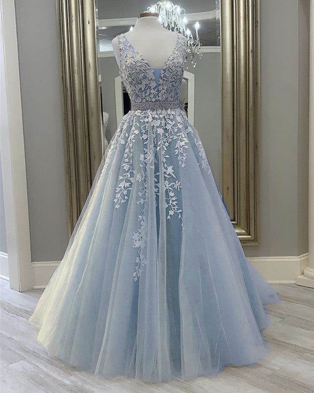 2025 A Line Tulle Lace Prom Dresses Champagne Evening Dress Beading Belt MyChicDress