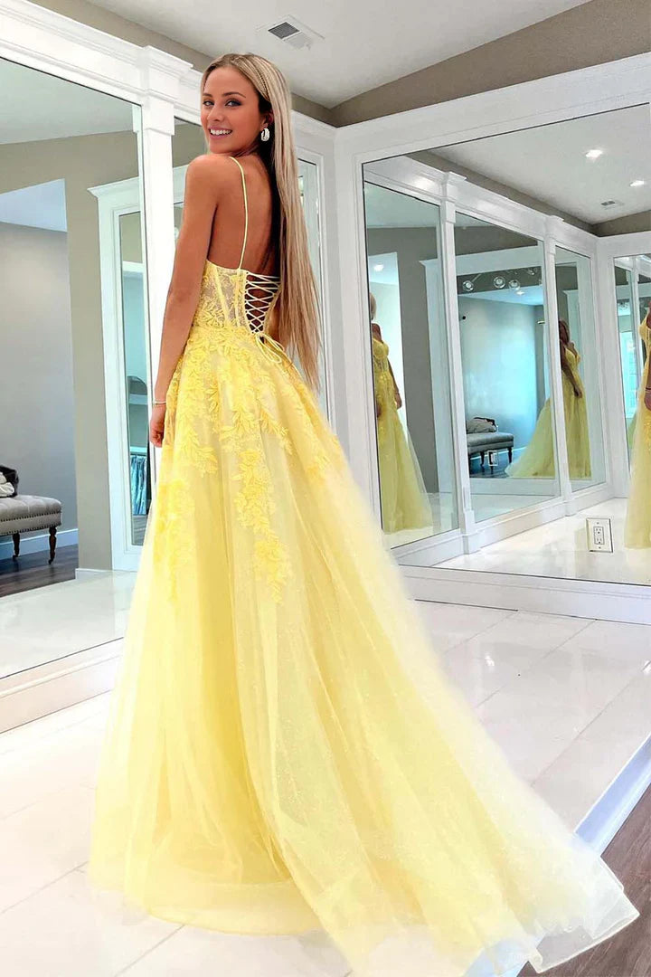 2025 A Line Yellow Lace Long Prom Dress V Neck Open Back UK Evening Dress Cheap MyChicDress