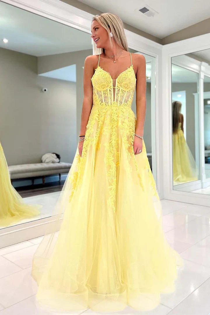 2025 A Line Yellow Lace Long Prom Dress V Neck Open Back UK Evening Dress Cheap MyChicDress