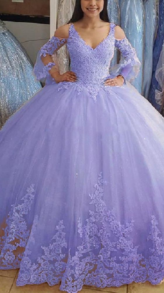 2025 Ball Gown Lace Yellow Quince Dresses Cheap Long Sleeves Tulle Sweet 16 Dress US2 Lilac