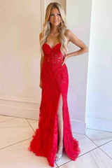 2025 Black Lace Prom Dresses Strapless Split Long Evening Dresses Mermaid MyChicDress