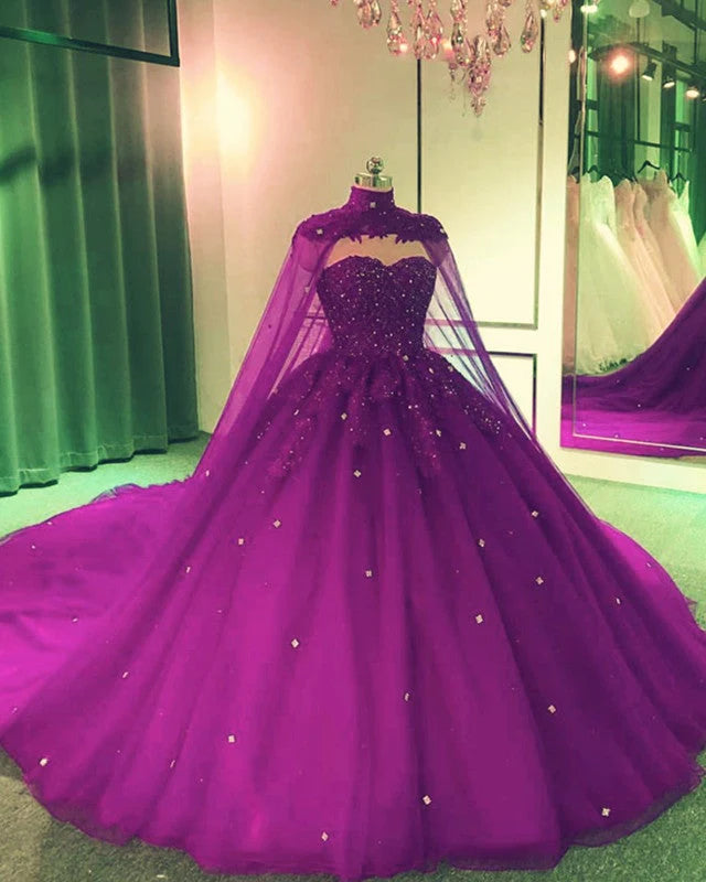 2025 Crystals Purple Ball Gown Prom Dresses with Cape Sweet 16 Quinceanera Dress MyChicDress