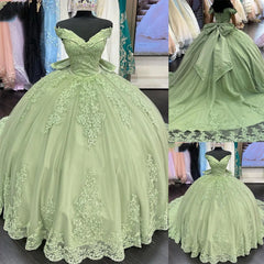 2025 Lace Sage Green Quinceanera Dresses Applique Off Shoulder Sweet 16 Dress MyChicDress