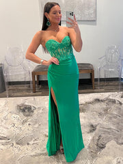 2025 Long Corset Lace Green Prom Dress Sweetheart Applique with Slit MyChicDress