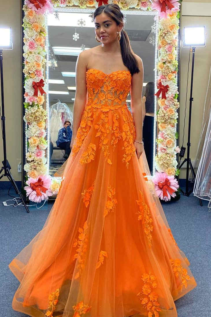 2025 Orange Lace Prom Dresses Sexy Sweetheart Long Applique Formal Dresses MyChicDress