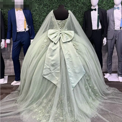 3D Flowers Mint Green Quinceanera Dress 2024 With Cape Spaghetti Strap MyChicDress