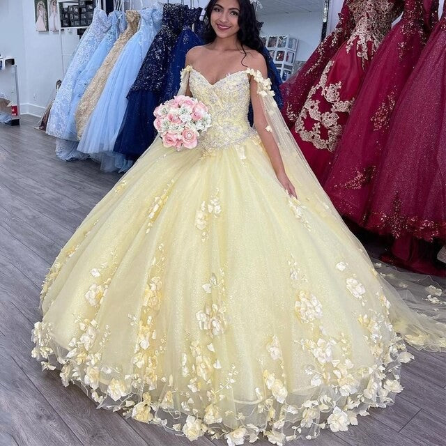 3D Flowers Tulle Yellow Quinceanera Dresses Sweetheart Ball Gowns XV With Cape MyChicDress