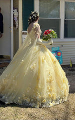 3D Flowers Tulle Yellow Quinceanera Dresses Sweetheart Ball Gowns XV With Cape MyChicDress