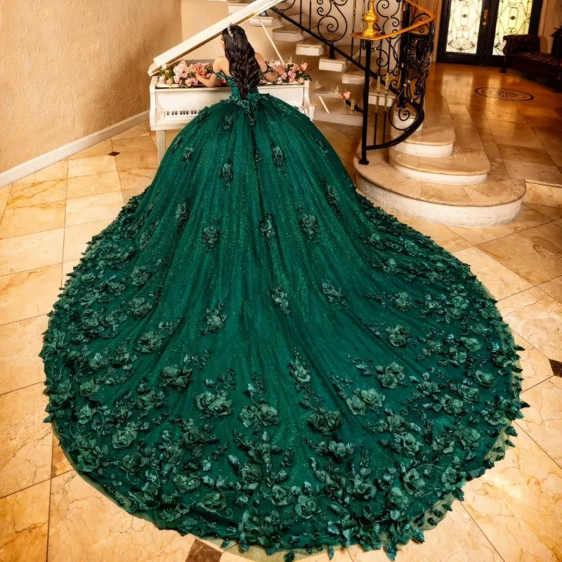 3D Flowers Emerald Green Quince Dress