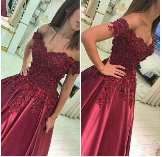 A Line 2024 Burgundy Lace Prom Dress Off the Shoulder Long Formal Dress MyChicDress