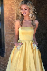 A Line Beaded Satin Long Homecoming Dresses with Pocket MyChicDress