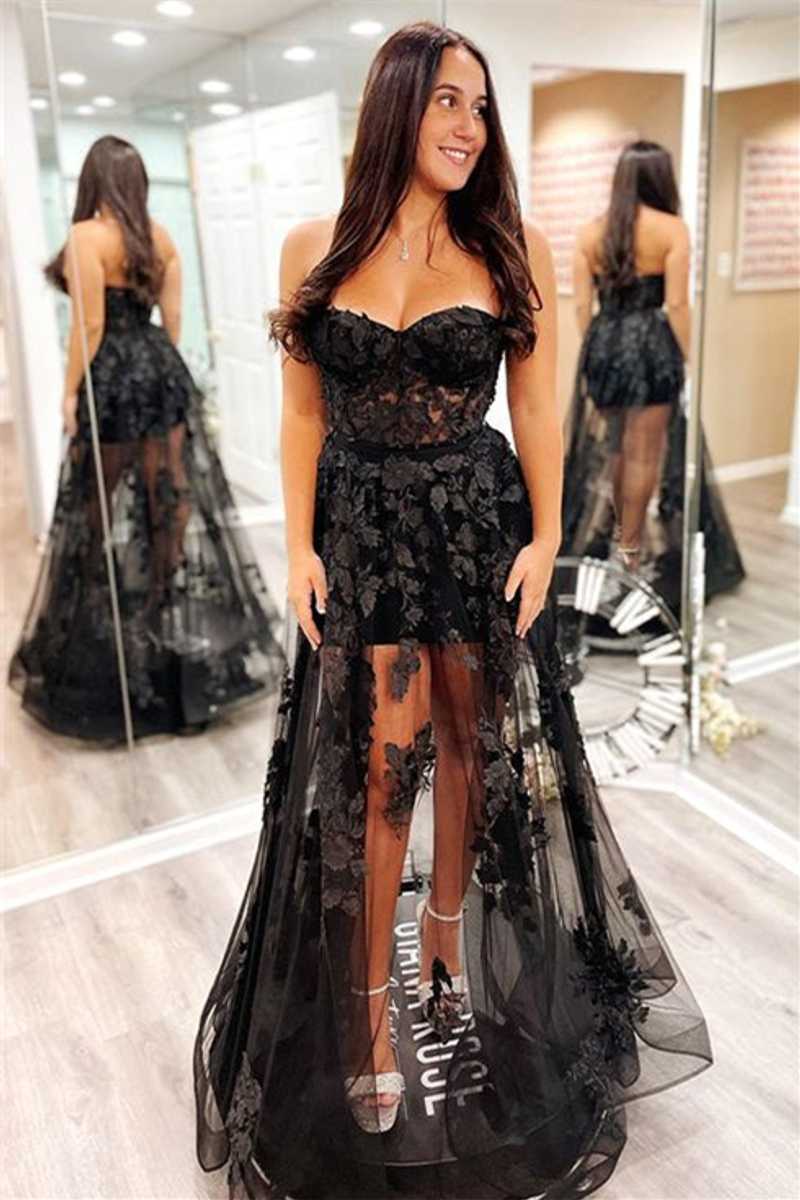 A-Line Black Prom Dresses Lace 2024 Long Evening Dress Strapless Appliques MyChicDress