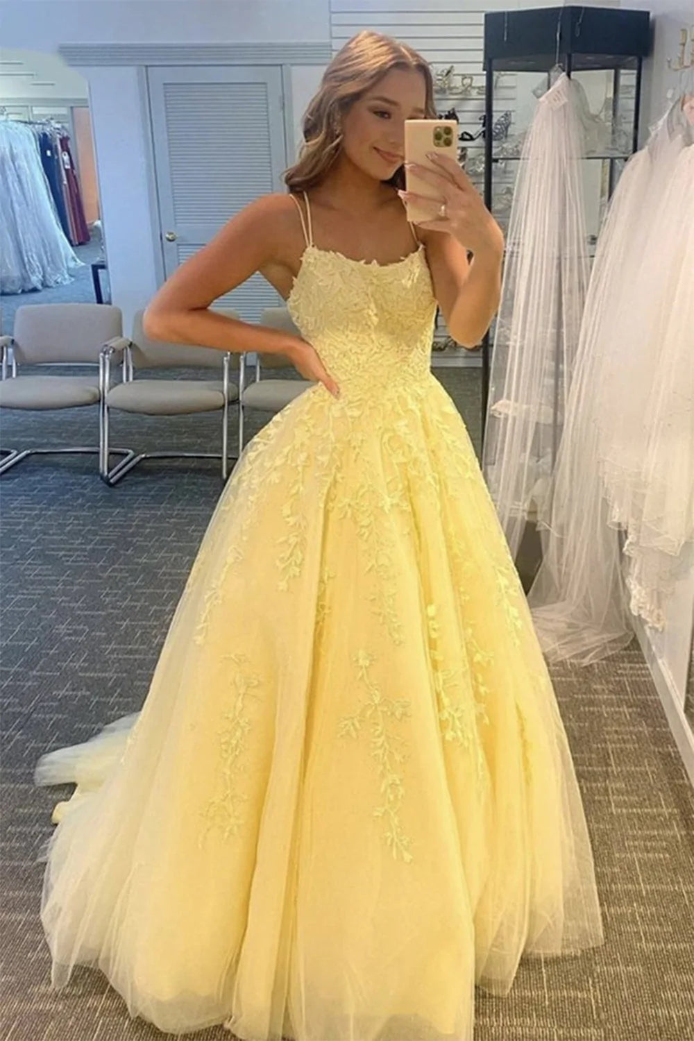 A Line Floor Length Lace Yellow Prom Dresses Spaghetti Straps MyChicDress