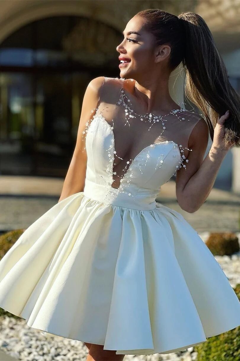 A-Line Ivory Short Homecoming Dress Pearls Illusion Hoco Dresses MyChicDress