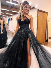 A-Line One Shoulder 2024 Prom Dresses Black Tulle Lace Formal Dress MyChicDress