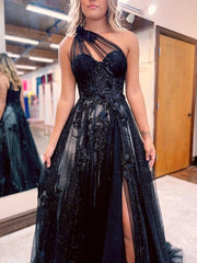 A-Line One Shoulder 2024 Prom Dresses Black Tulle Lace Formal Dress MyChicDress