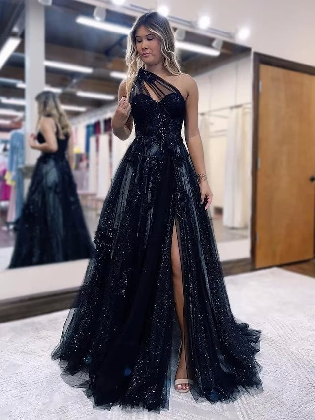 A-Line One Shoulder 2024 Prom Dresses Black Tulle Lace Formal Dress MyChicDress