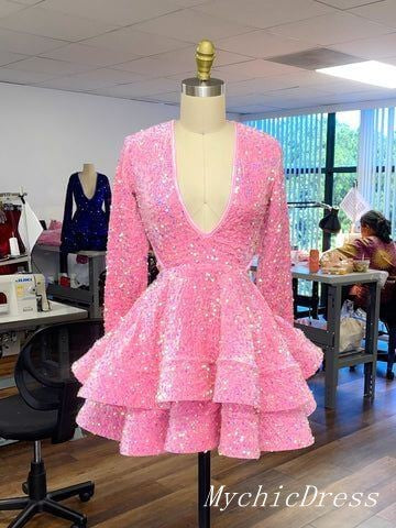 A Line Pink Cocktail Dresses Long Sleeve Sequin Homecoming Dresses V Neck MyChicDress