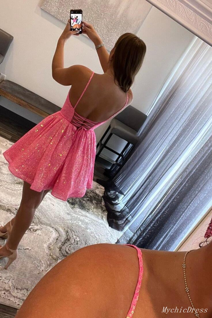 A Line Short Pink Prom Dress Sequin Homecoming Dress V NECK MyChicDress