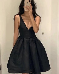 A Line Short Satin Little Black Homecoming Dress V Neck MyChicDress