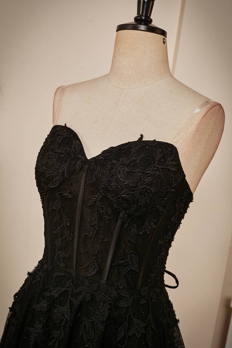 A Line Sweetheart Black Prom Dress Lace Corset Long Formal Evening Dress MyChicDress