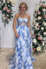 A-Line Blue Floral Prom Dresses 2025 Tiered Corset Printed Sweetheart