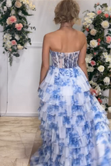 A-Line Blue Floral Prom Dresses 2025 Tiered Corset Printed Sweetheart