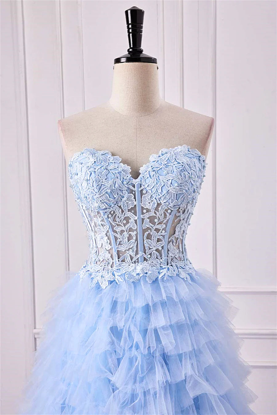 A-Line Light Blue Lace Ruffle Prom Dress Corset Sweetheart Strapless