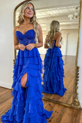 A-Line Long Corset Royal Blue Tiered Formal Dresses