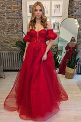 A-Line Long Prom Dress Red Strapless Lace Tulle with Appliques