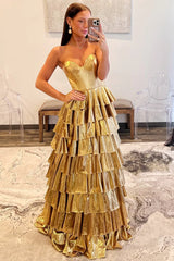 A-Line Metallic Gold Prom Dress Tiered Ruffle Sweetheart