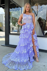 A-Line Tiered Lilac Sequin-Embroidery Prom Dress Ruffle Skirt with Slit