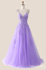 A-Line V Neck Formal Wedding Guest Dress Lavender Lace Long