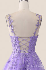A-Line V Neck Formal Wedding Guest Dress Lavender Lace Long