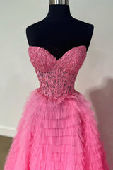 A-Line hot pink Ruffle Prom Dress Corset Sweetheart Strapless