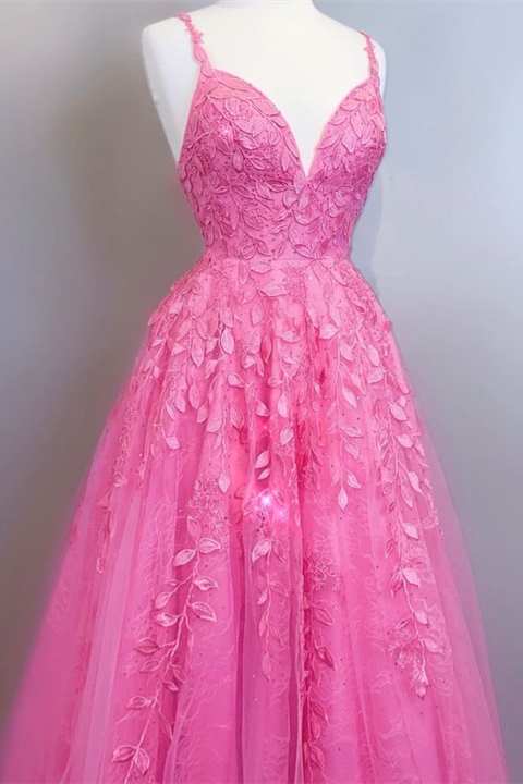 A-line Pink Lace Evening Dresses Appliques V Neck Prom Dress 2024 MyChicDress