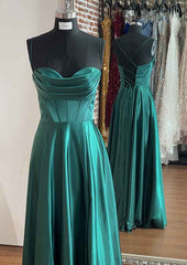 A-line Silk like Emerald Green Satin Prom Dresses 2024 Ruched Pleated MyChicDress