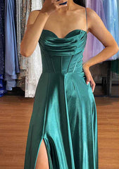 A-line Silk like Emerald Green Satin Prom Dresses 2024 Ruched Pleated MyChicDress