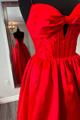 A-line Straps Red Prom Dress with Bow Front Satin Formal Gown