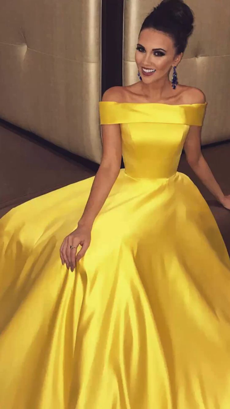 A-line Yellow Evening Dresses UK Simple Off-the-shoulder Long Prom Dresses MyChicDress