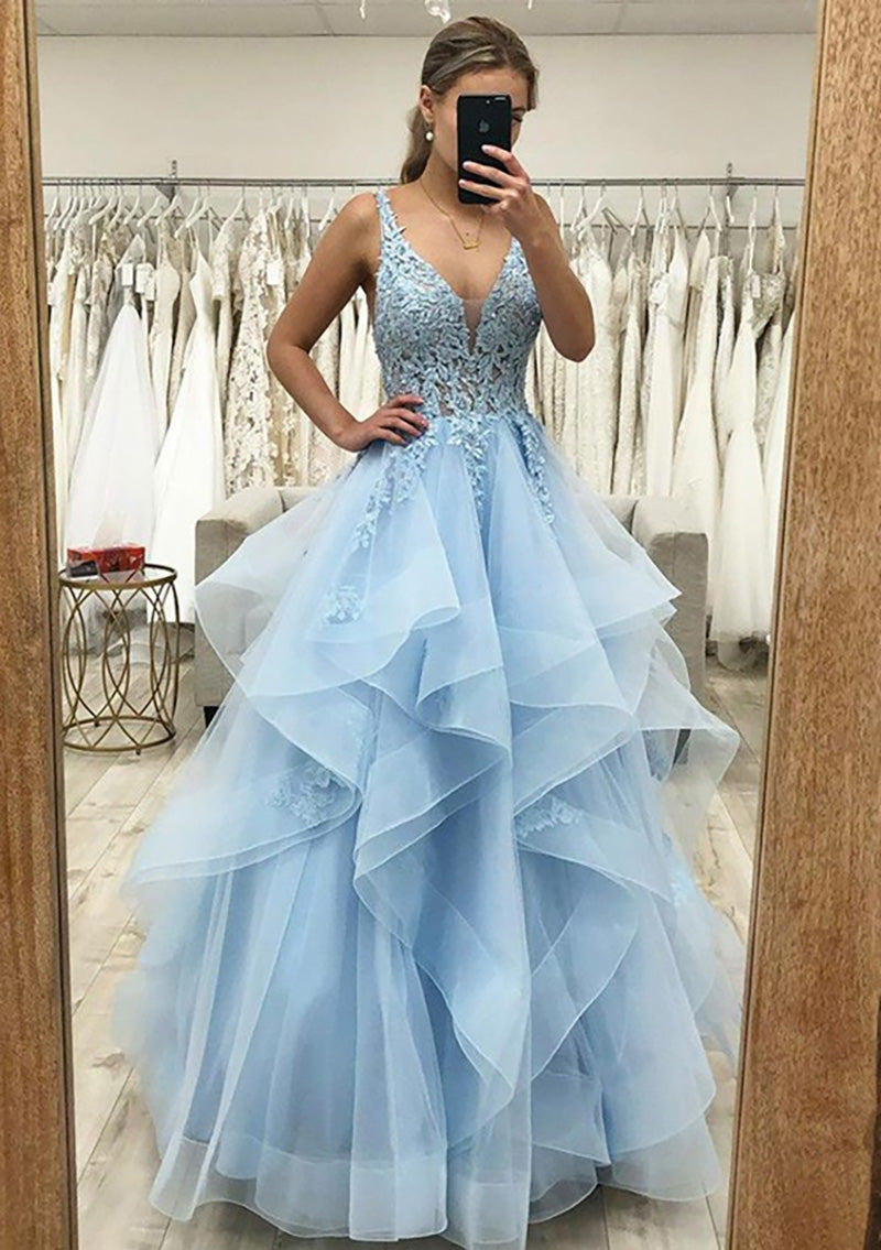 A-line Blue Tiered Formal Dresses Lace V Neck Sleeveless With Appliqued - MyChicDress