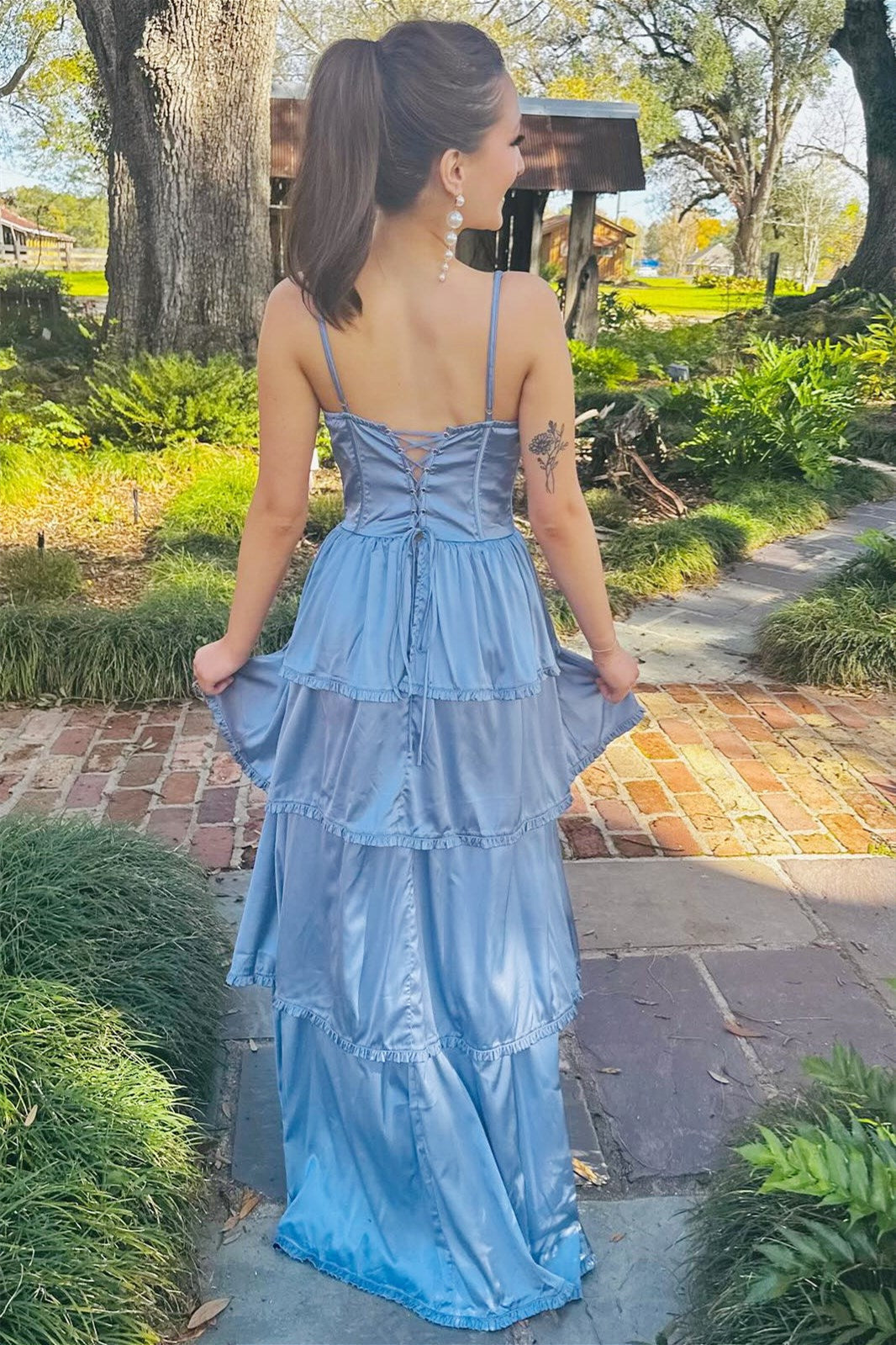  A-line Long Blue Tiered Prom Dress Straps V-neck with Slit Mychicdress