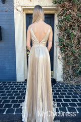 A-line Long Metallic Prom Dress Pleated Formal Gowns