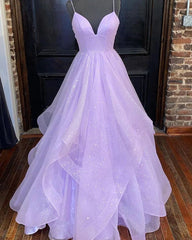 A-line Organza Tiered Lilac Prom Formal Dresses Sweetheart Sleeveless