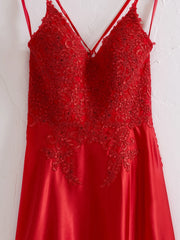 A-line Red Lace Applique Formal Dress Spaghetti Straps Corset Back - MyChicDress