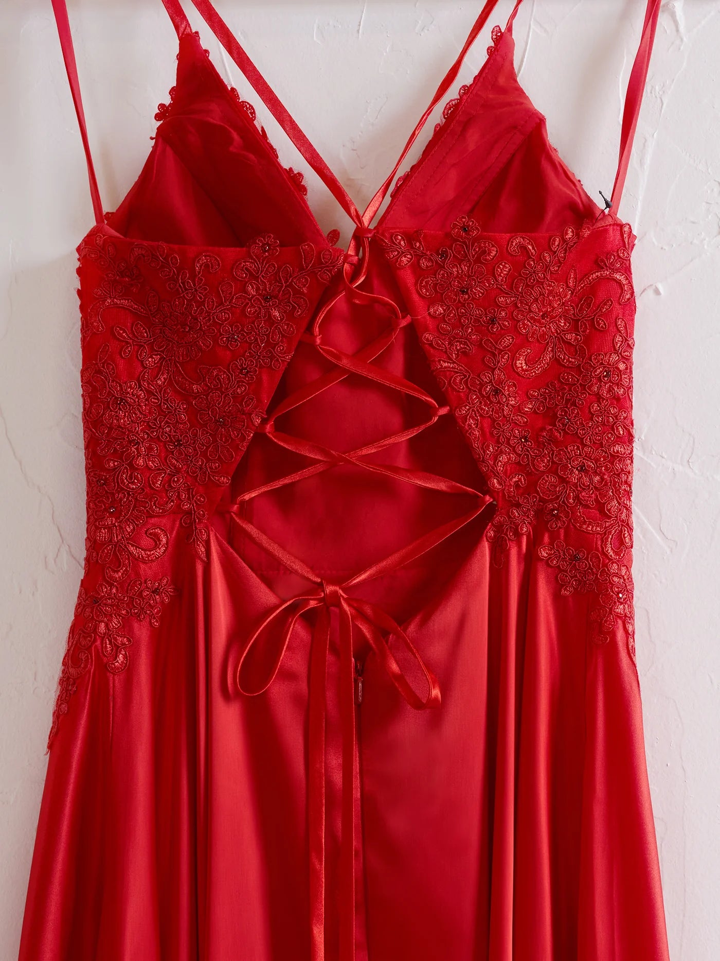 A-line Red Lace Applique Formal Dress Spaghetti Straps Corset Back - MyChicDress