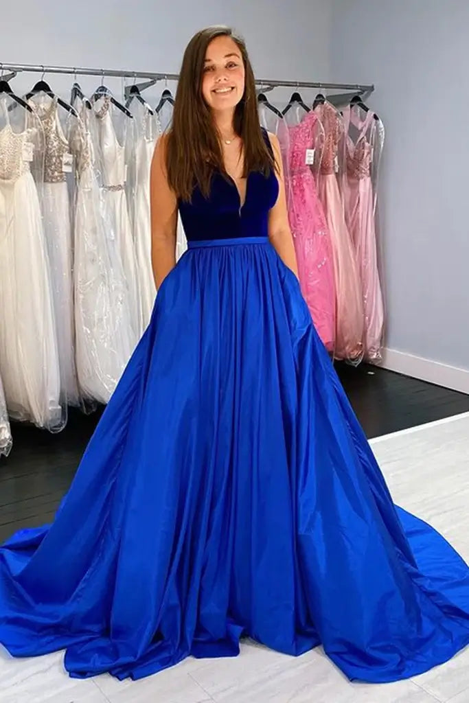 A-line Royal Blue Satin Velvet Prom Dresses V-neck Sweep Train With Pockets - MyChicDress