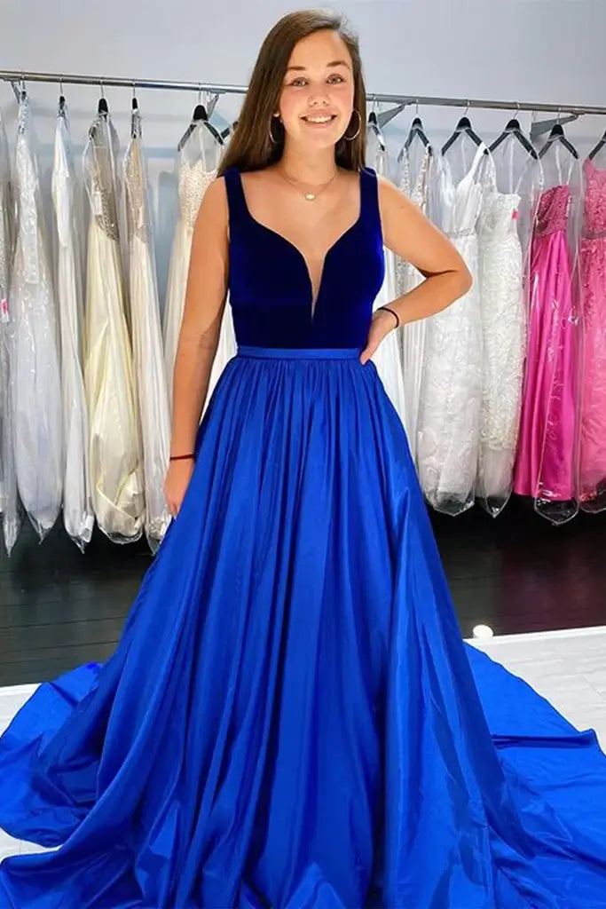 A-line Royal Blue Satin Velvet Prom Dresses V-neck Sweep Train With Pockets - MyChicDress