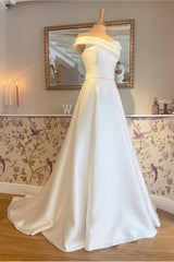 A-line Soft Satin Minimalist White Wedding Dresses UK Off the Shoulder - MyChicDress