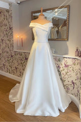 A-line Soft Satin Minimalist White Wedding Dresses UK Off the Shoulder - MyChicDress